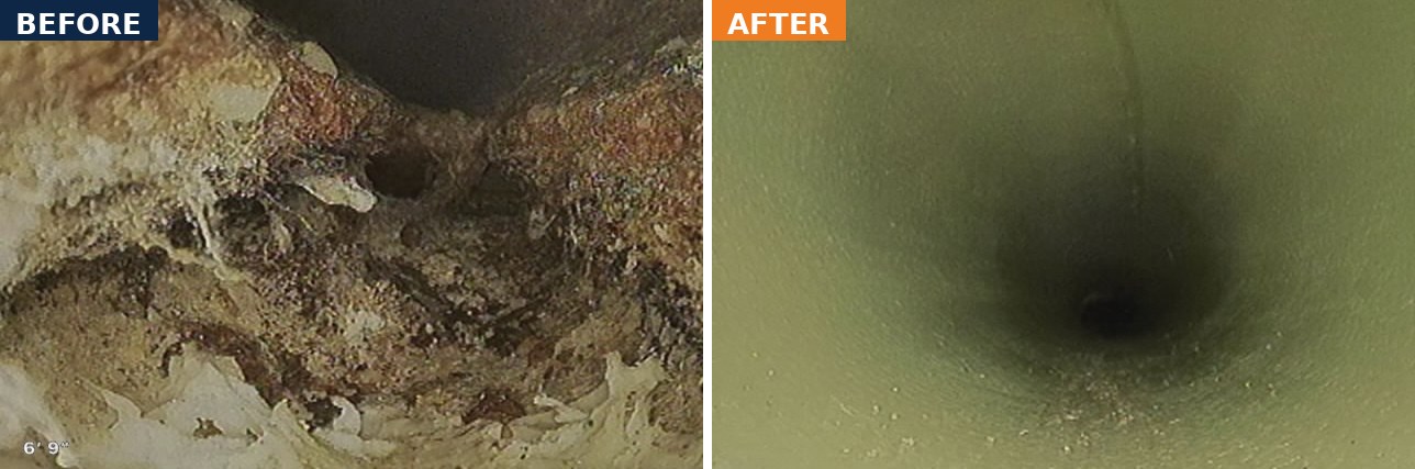 CCTV camera views of the same sewer line at 6 feet 9 inches, before and after cured-in-place lining